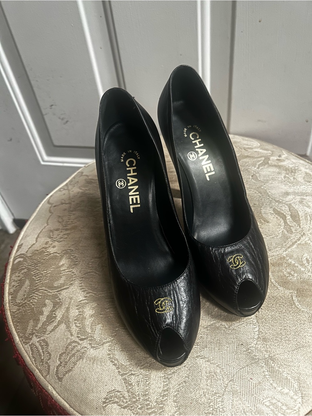 CHANEL Black Leather Peep-Toe Heel Pumps with Gold CC Sz 37.5